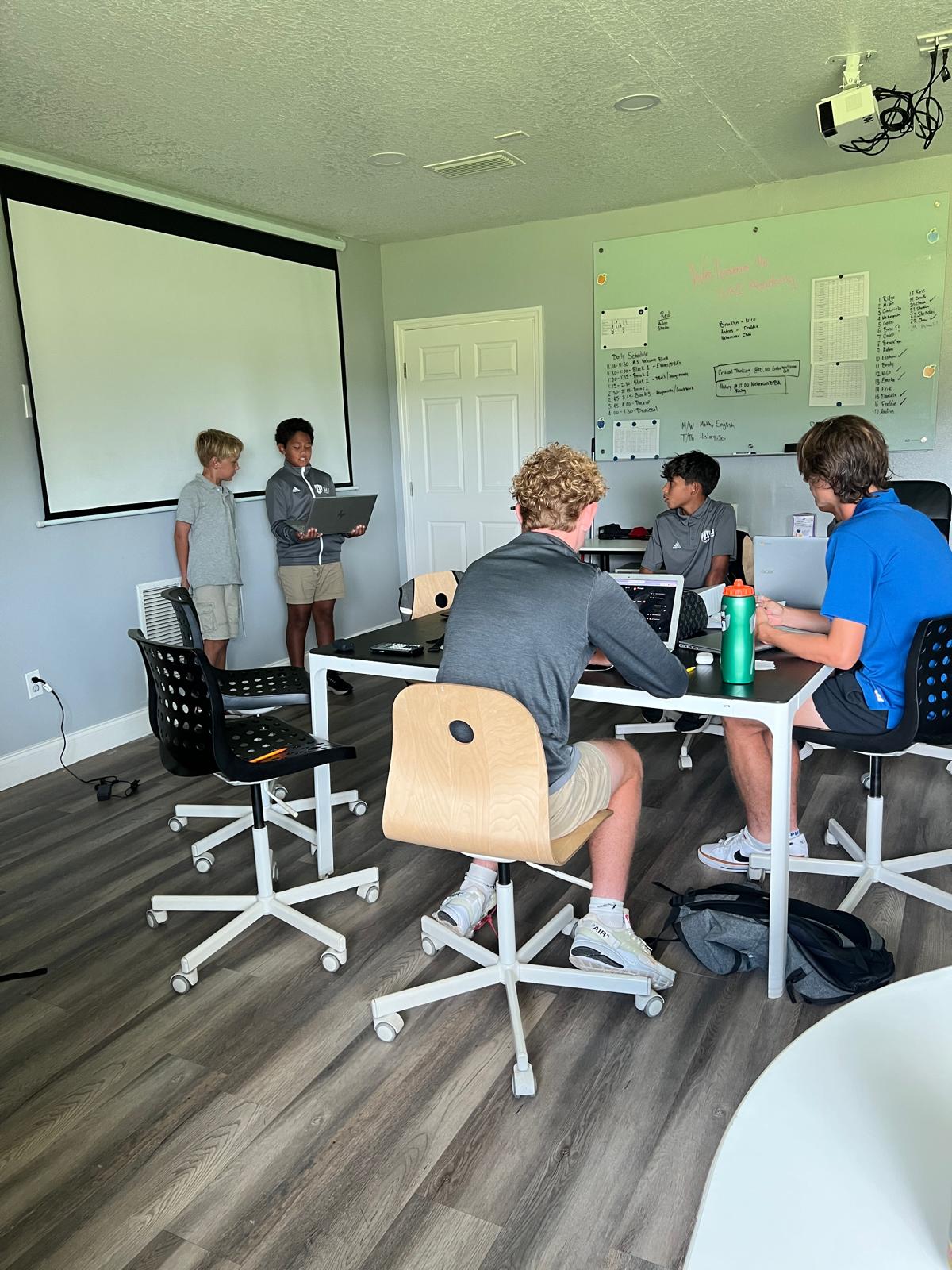Students in a classroom setting, with two standing and presenting at the front while three others sit and work at a table with laptops and notebooks. A whiteboard displays information about SAI Soccer Academy, complementing the projector screen's detailed diagrams.