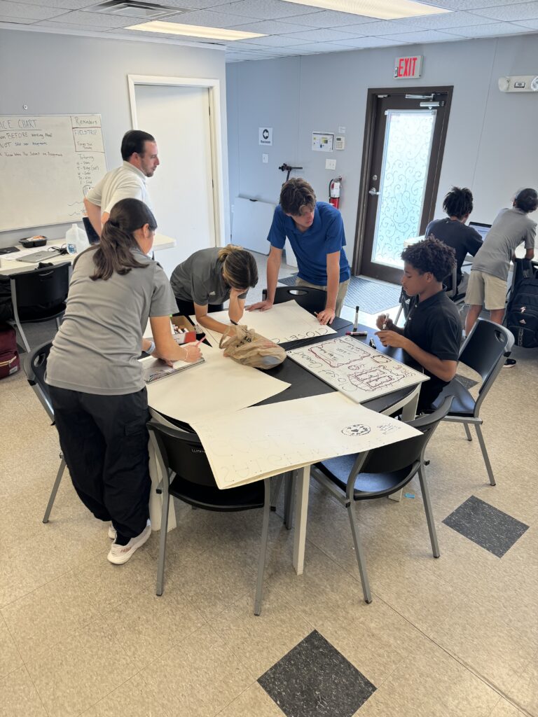 A group of people stands around a table covered with papers and markers, working on posters in a room with white walls and a door in the background, brainstorming ideas for their website's homepage.