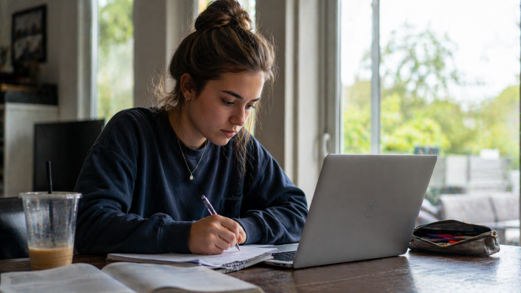 a student studies on her laptop