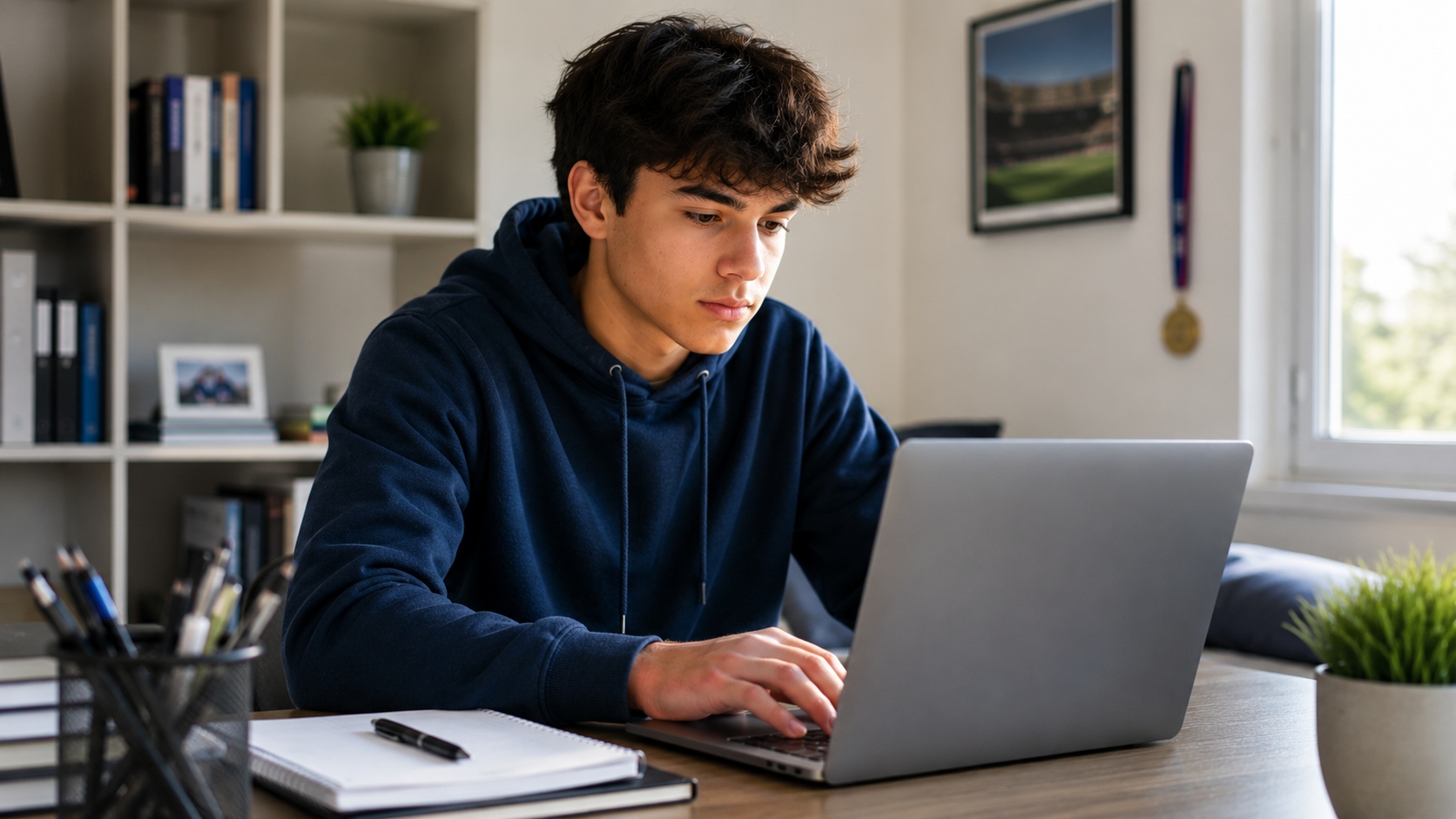 a student studies in his room on a laptop