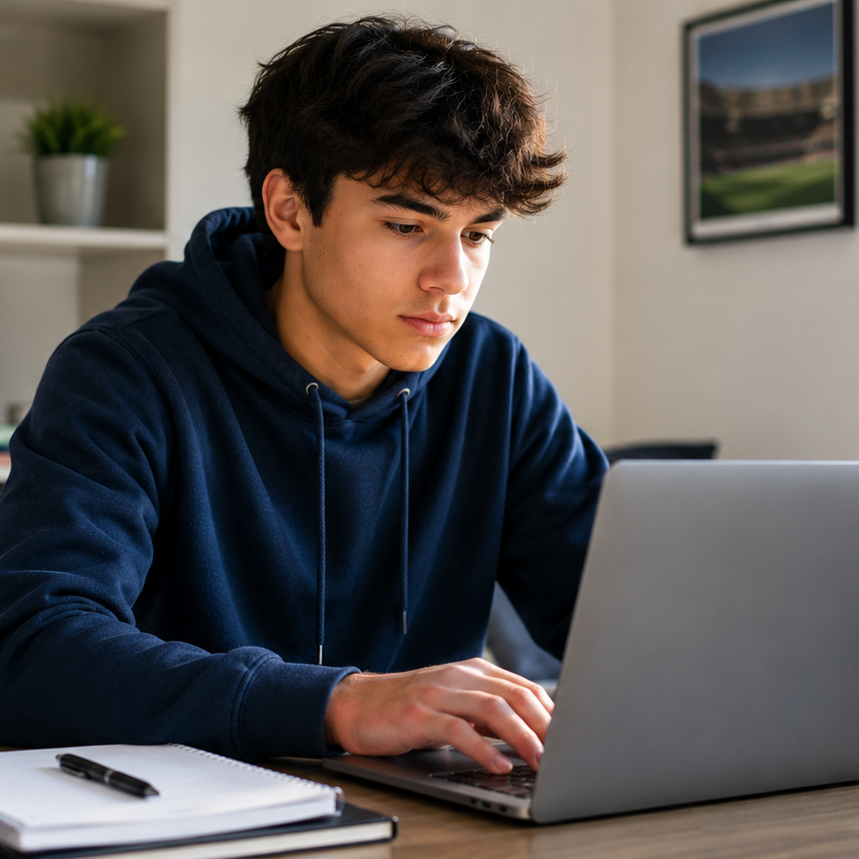 a student studies in his room on a laptop